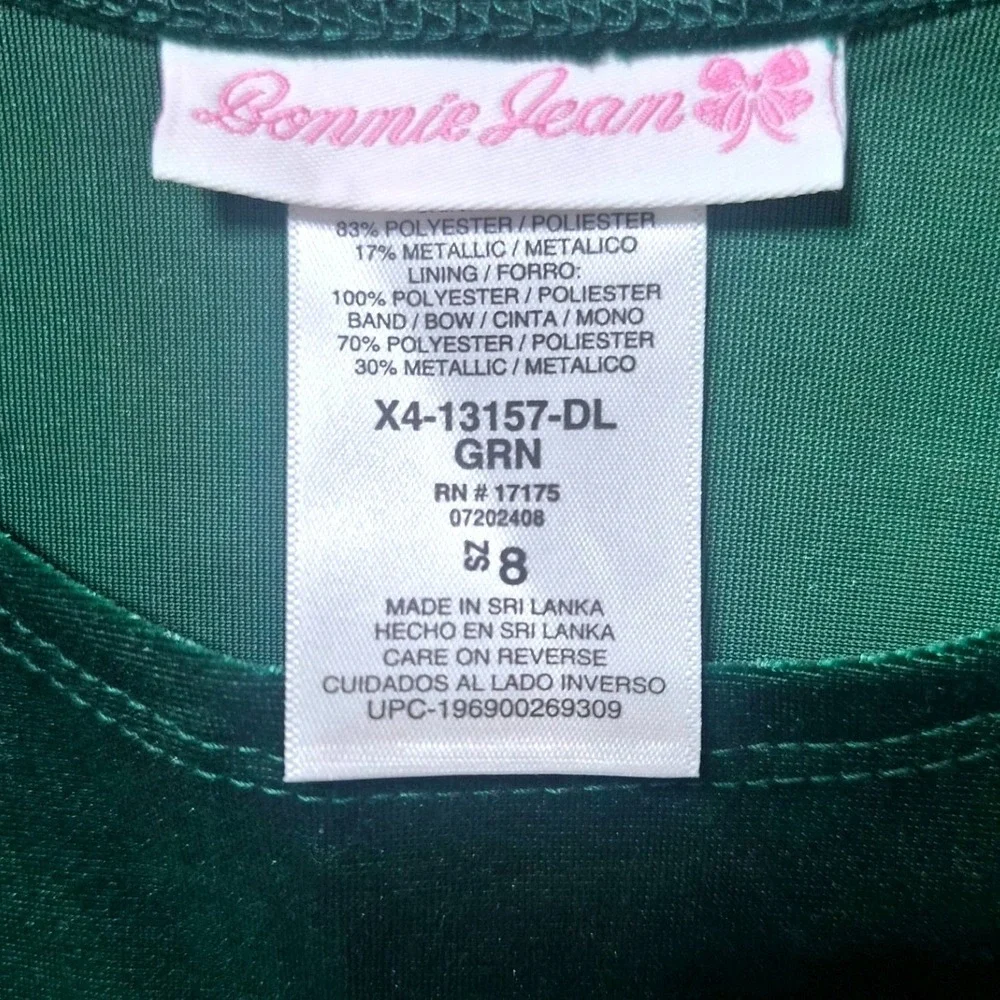 NWT Bonnie Jean Girls Green‎ Velvet Metallic Plaid Holiday Dress Gold Bow Size 8